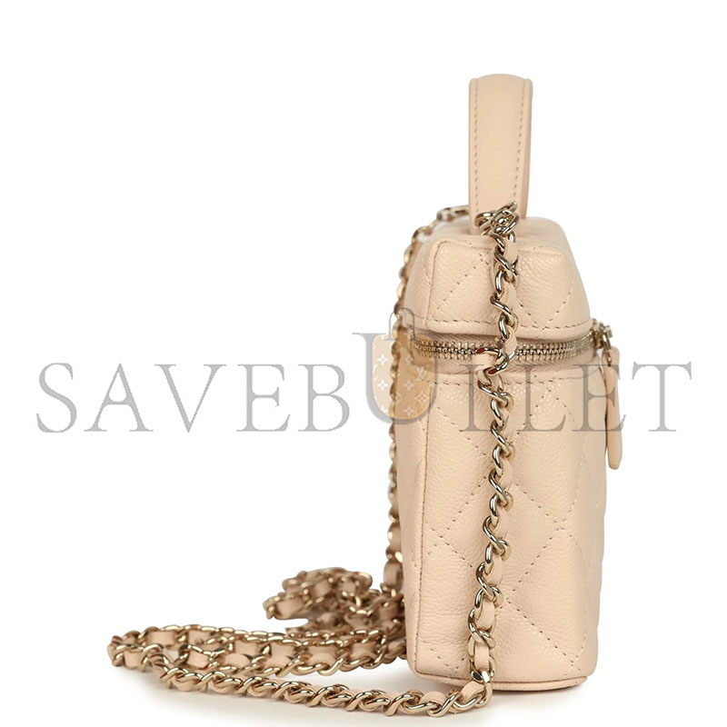 CHANEL MASTER TOP HANDLE LONG VANITY CASE WITH CHAIN LIGHT BEIGE SHINY CAVIAR LIGHT GOLD HARDWARE AP4385 (19*14*5cm)